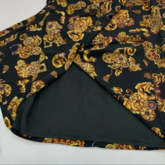 CK Midi Skirt 12 Faux Wrap Black Gold Floral Print Classic Whimsy Goth Office// - Picture 8 of 11
